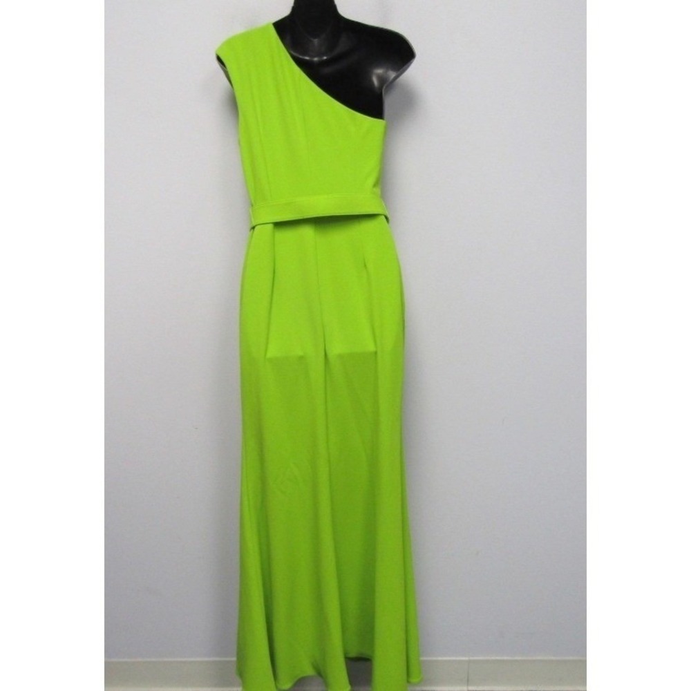$895 Badgley Mischka Womens One Shoulder Belted Gown Lime Green Size 4 NWT - Picture 7 of 16